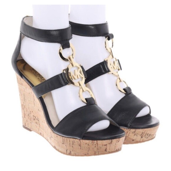 NWOT Michael Kors Hyden Genuine Leather Gold Hardware Kork Wedge Sandals 5M - Picture 1 of 8